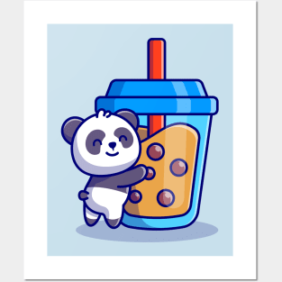 Cute Panda Holding Boba Milk Tea Cartoon Posters and Art